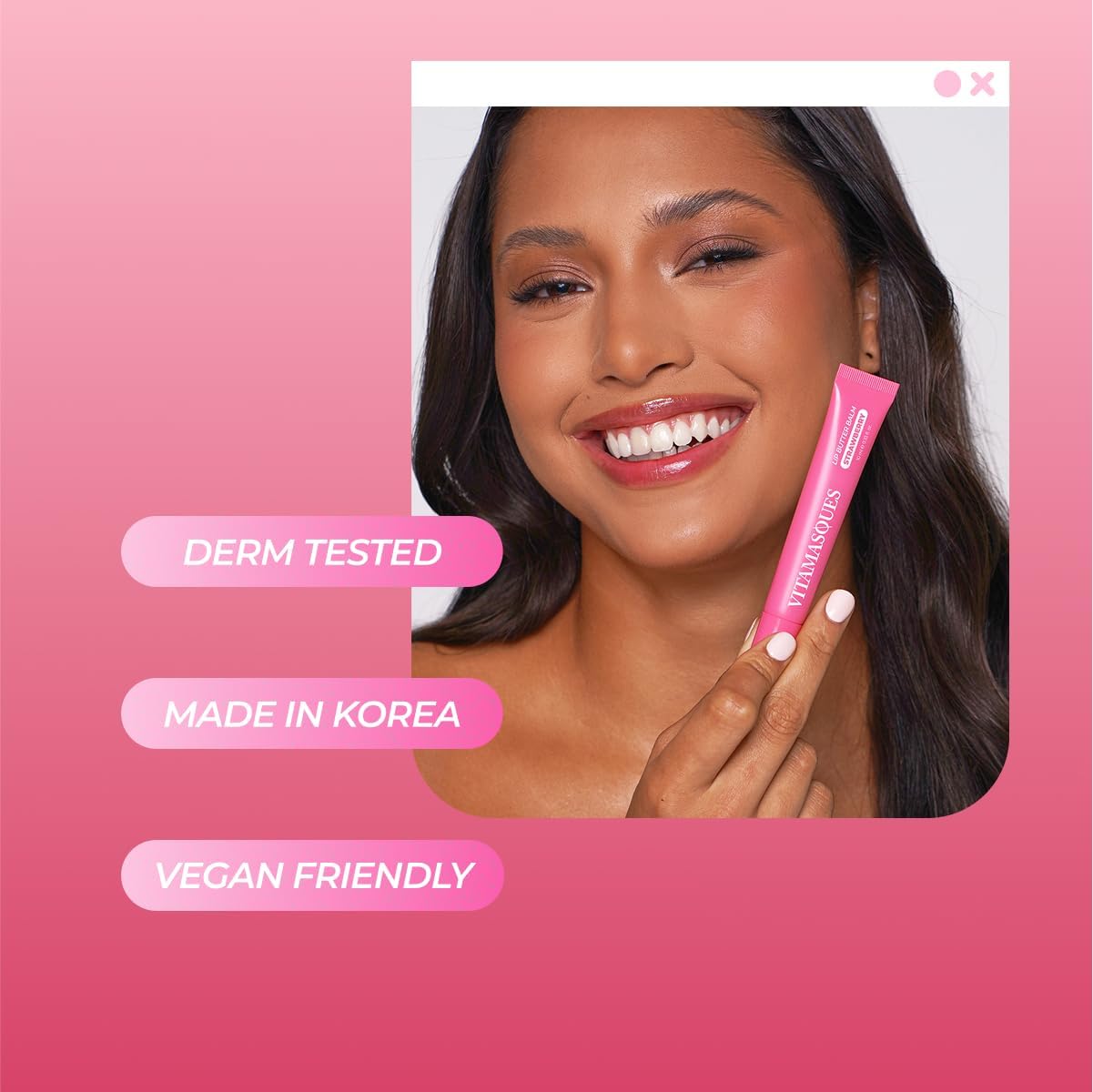 Vitamasques Lip Butter Balm Strawberry packaging emphasizes a clean vegan formula.