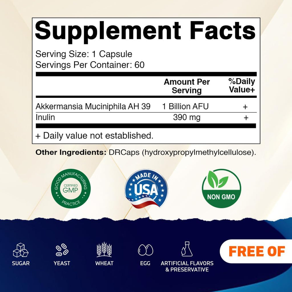 Vitamatic Akkermansia bottle label close-up with product details.