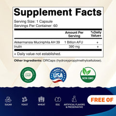 Vitamatic Akkermansia bottle label close-up with product details.