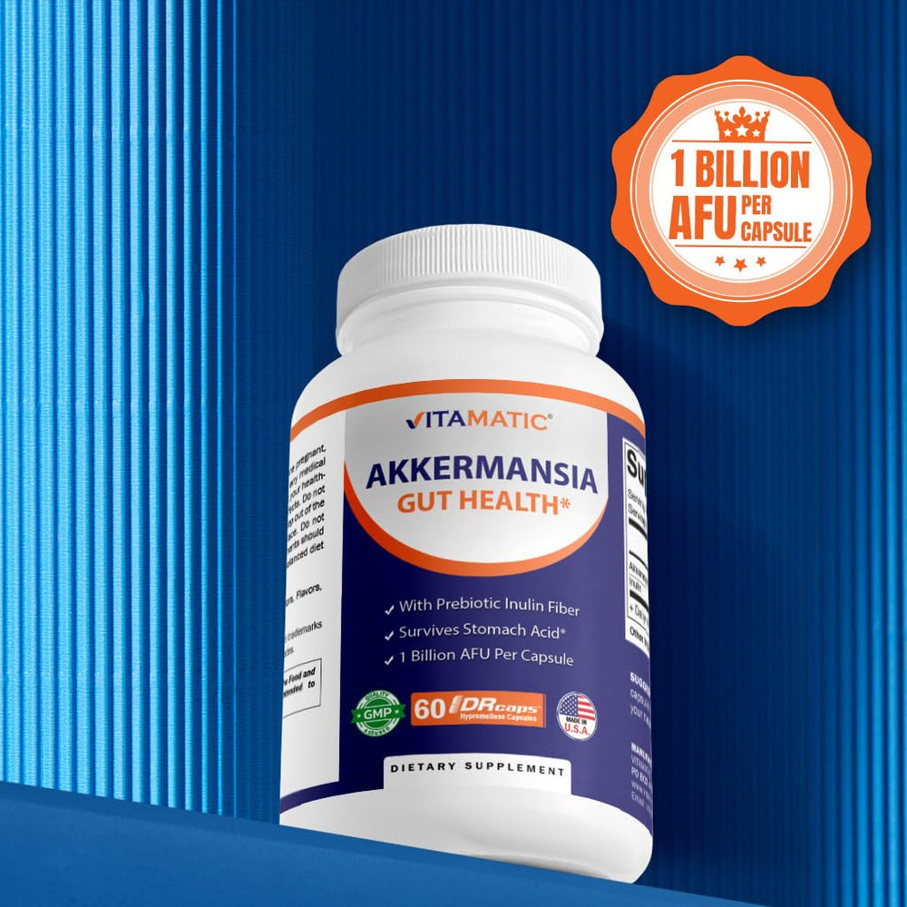 Vitamatic Akkermansia USA-made seal and GMP badge visible.