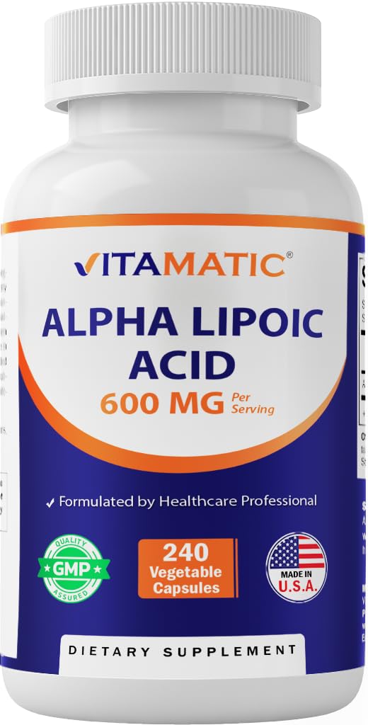 Vitamatic Alpha Lipoic Acid 600mg bottle front, antioxidant support for daily wellness.