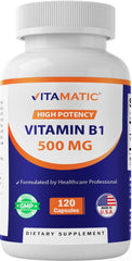 Vitamatic B1 bottle front showing 120 capsules for daily energy support