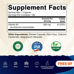 Vitamatic B1 capsules close-up highlighting 500 mg thiamine per capsule