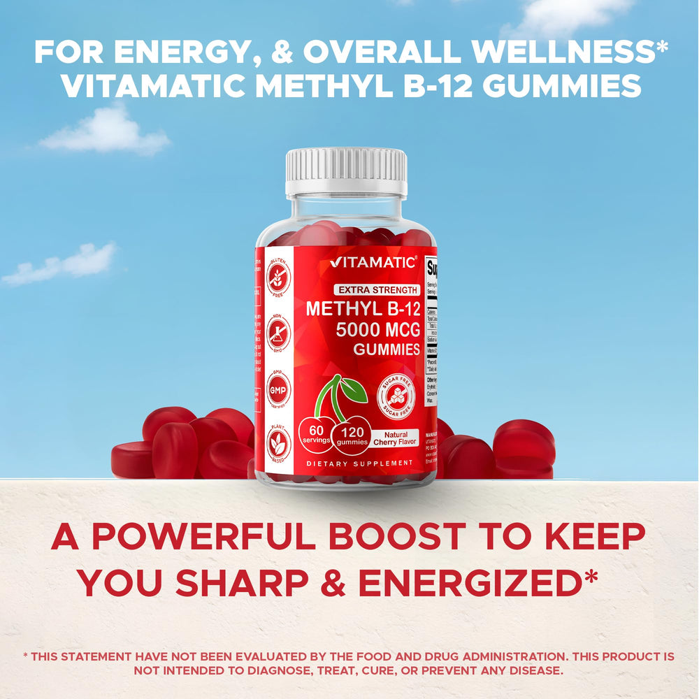 Vitamatic B12 gummies bottle back; methyl B12 details for easy supplementation.