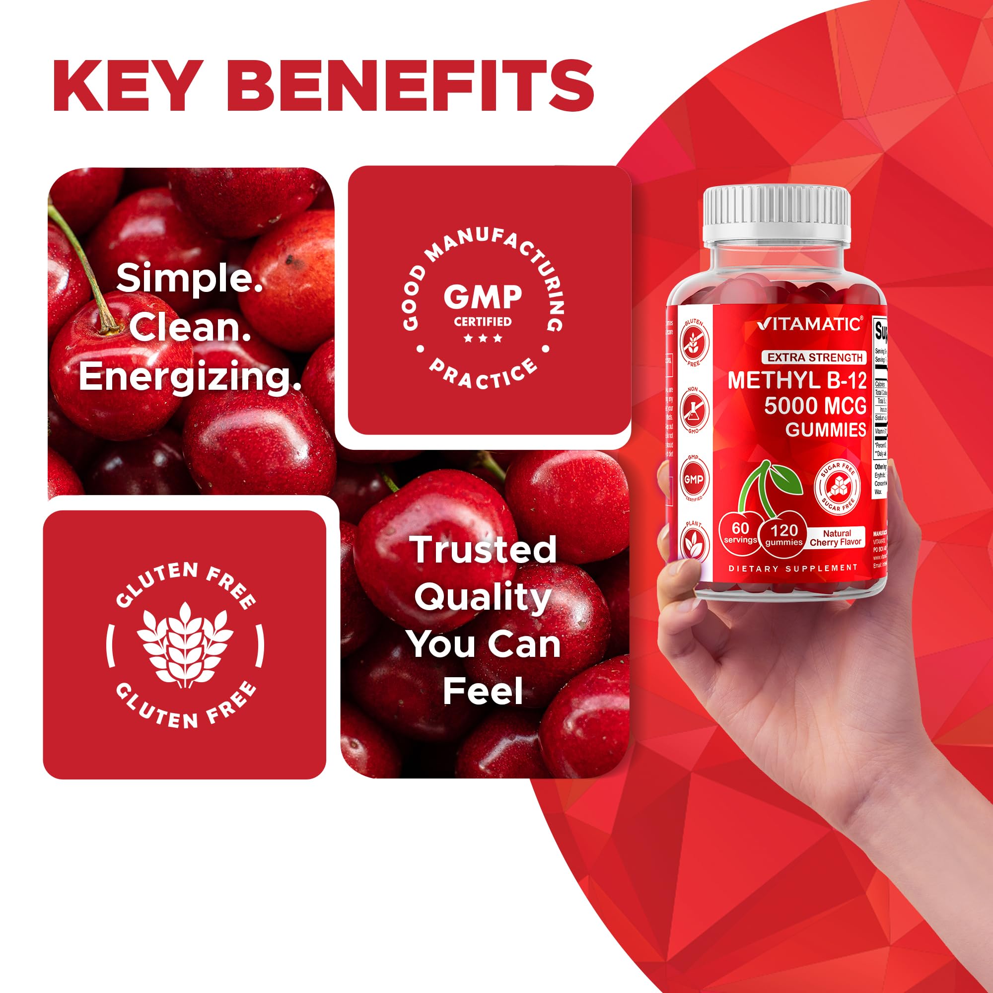 Vitamatic B12 gummies bottle front; vegan-friendly vitamin option.