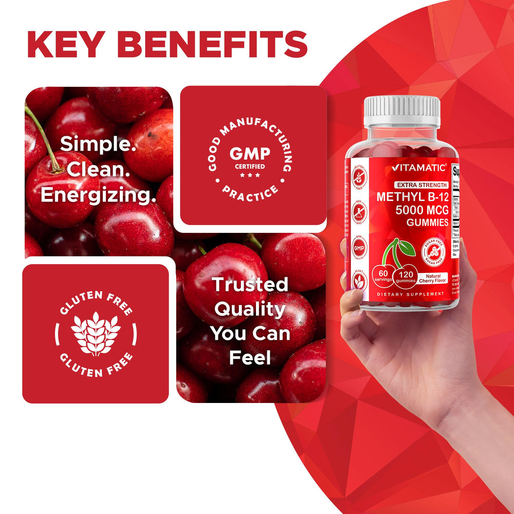 Vitamatic B12 gummies bottle front; vegan-friendly vitamin option.