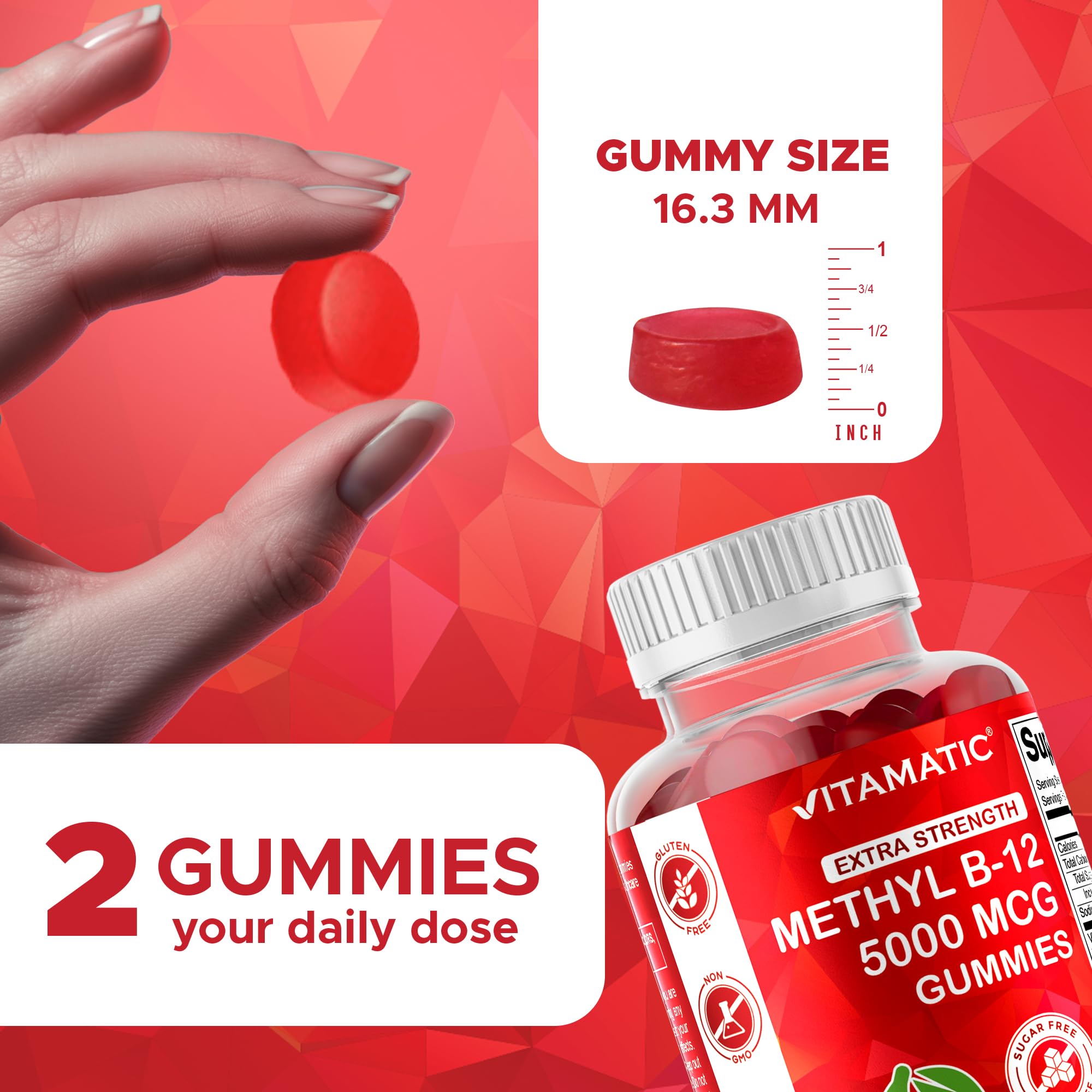 Vitamatic B12 gummies closeup gummy; methyl B12 for daily wellness.