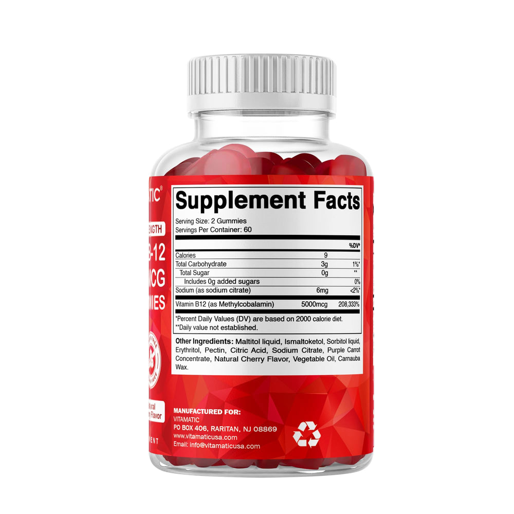 Vitamatic B12 gummies gluten-free badge; suitable for gluten-free diets.