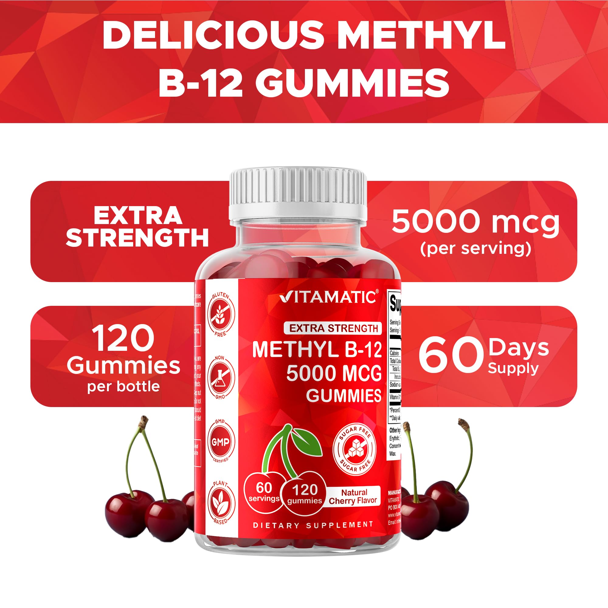 Vitamatic B12 gummies nutrition label; shows non-GMO and gluten-free features.