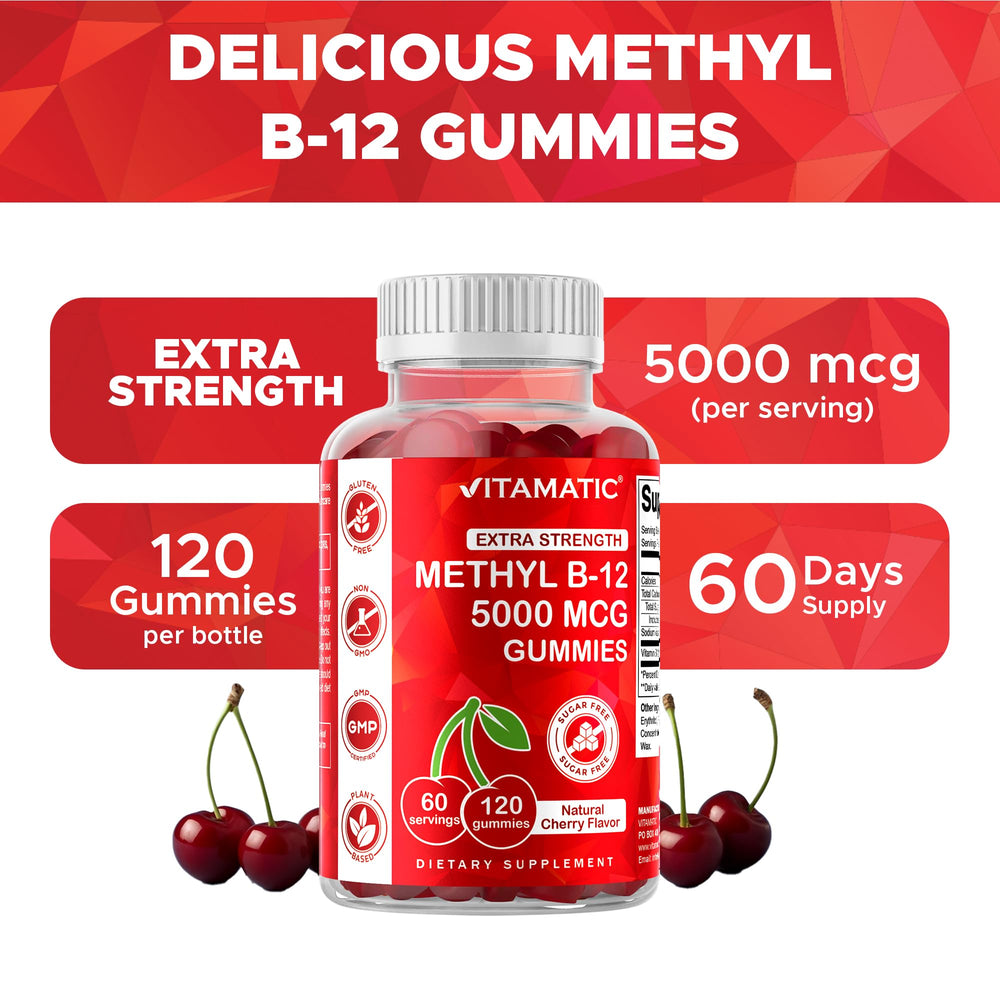 Vitamatic B12 gummies nutrition label; shows non-GMO and gluten-free features.