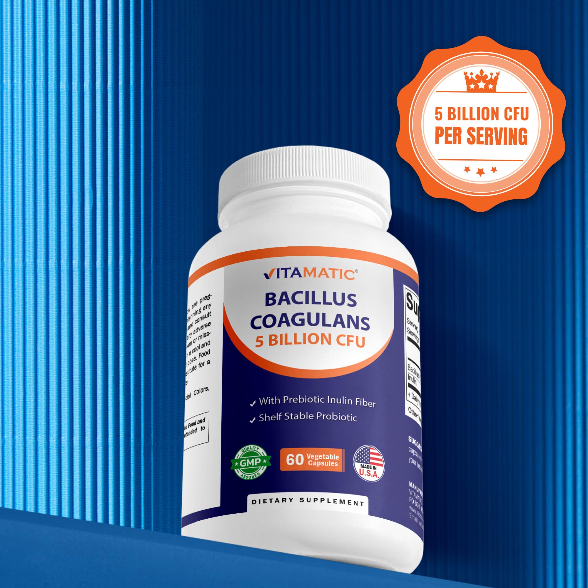 Vitamatic Bacillus Coagulans USA-made badge signaling reliable quality