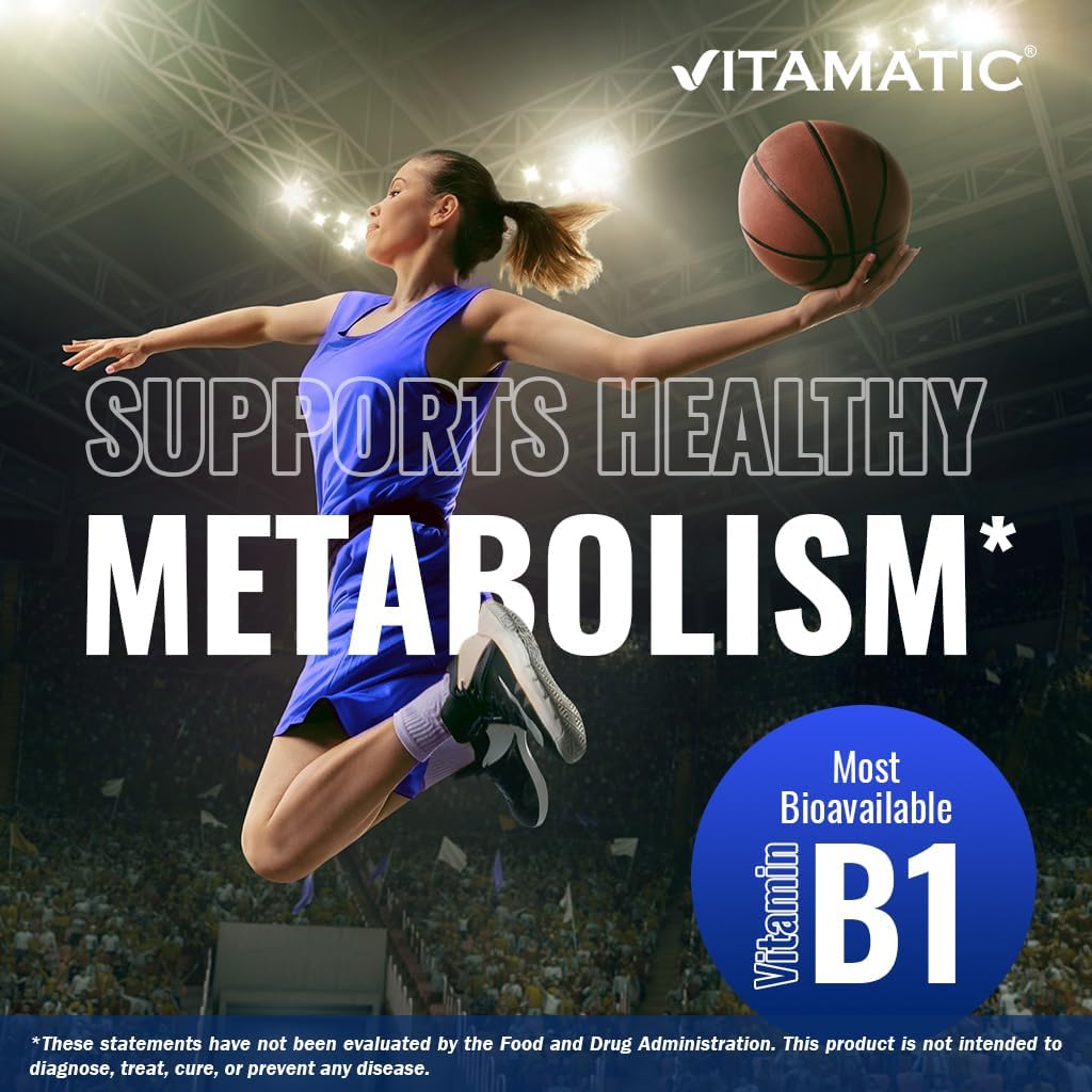 Vitamatic Benfotiamine bottle side view emphasizing gluten-free and non-GMO