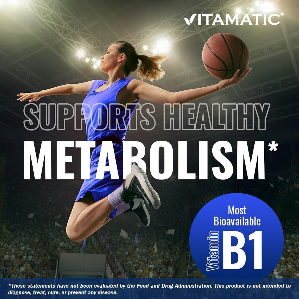 Vitamatic Benfotiamine bottle side view emphasizing gluten-free and non-GMO