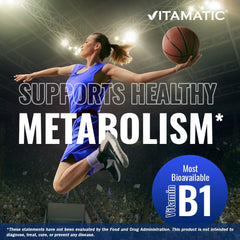 Vitamatic Benfotiamine bottle side view emphasizing gluten-free and non-GMO
