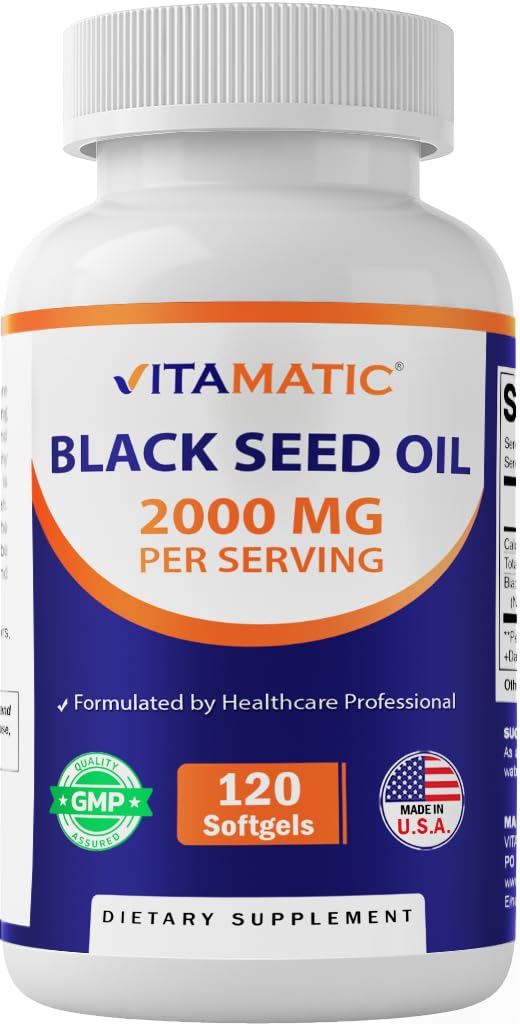 Vitamatic Black Seed Oil softgels bottle designed for daily wellness.