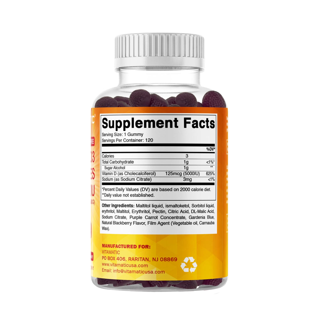 Vitamatic blackberry-flavored gummies on a bright table suggest daily use.