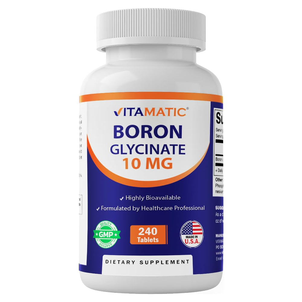 Vitamatic Boron Glycinate bottle front showing 10 mg per tablet for bone support