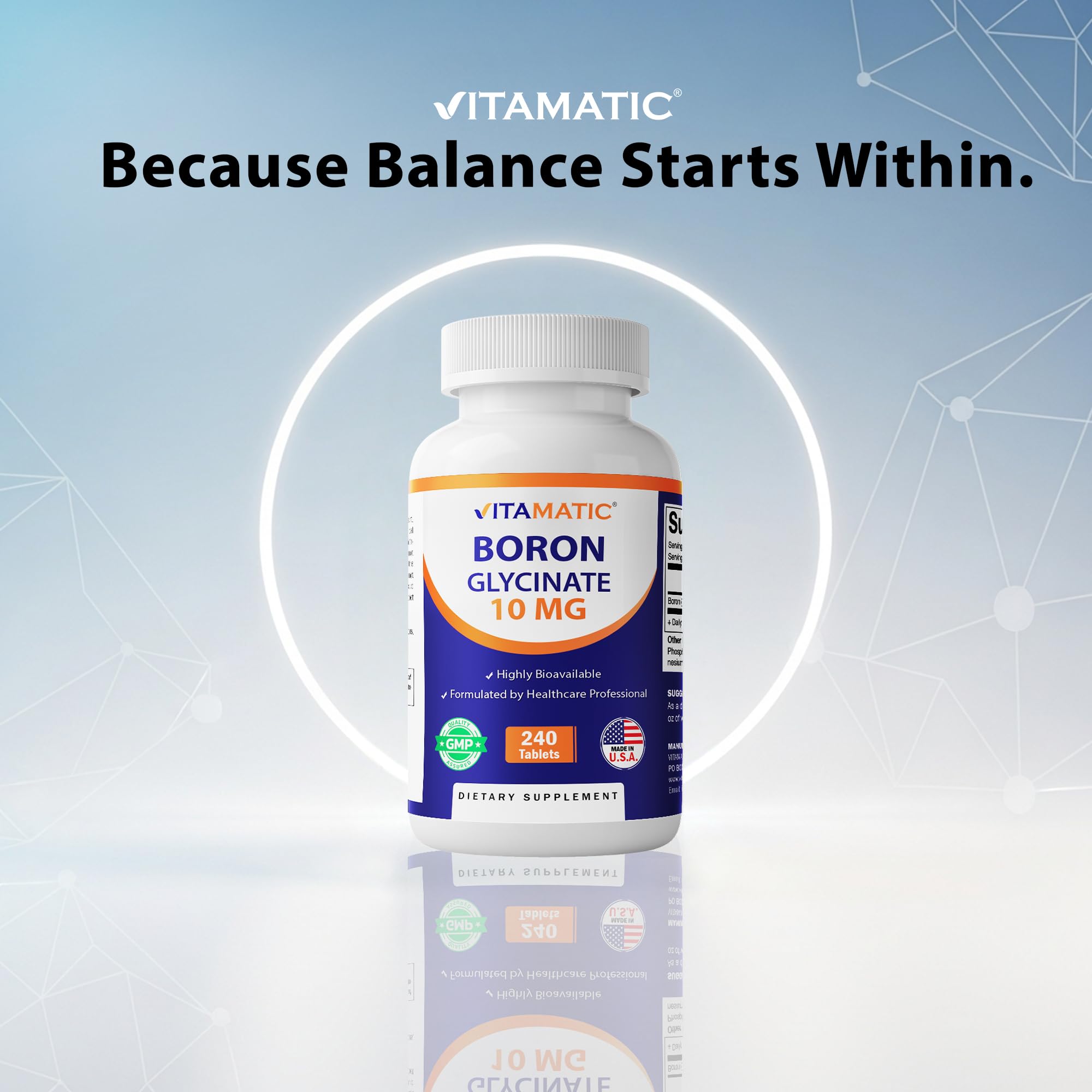 Vitamatic Boron Glycinate bottle on shelf in a clean kitchen for daily use