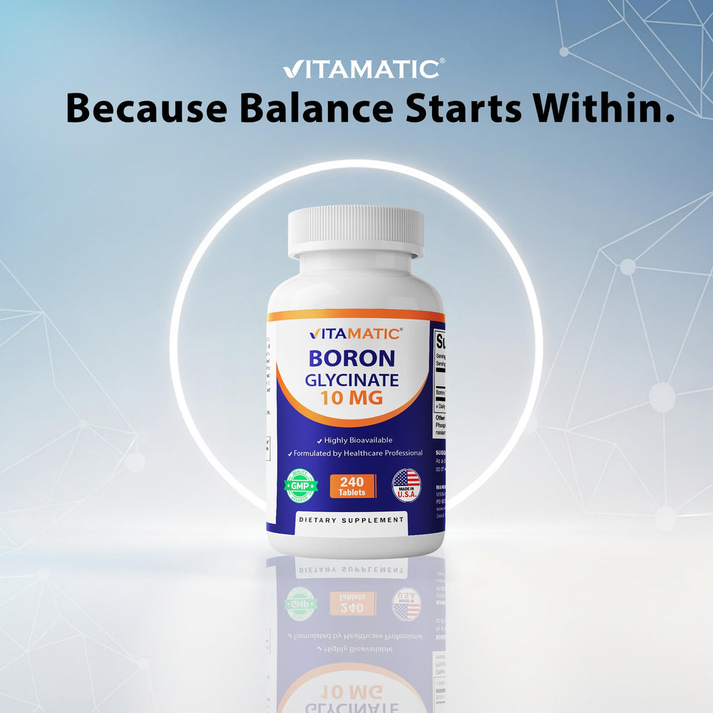 Vitamatic Boron Glycinate bottle on shelf in a clean kitchen for daily use