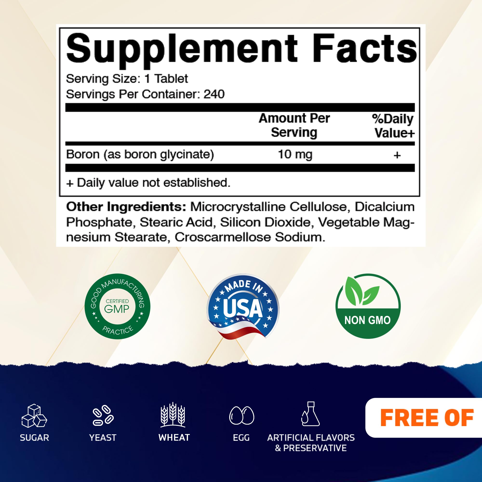 Vitamatic Boron Glycinate label closeup highlighting non-GMO and gluten-free benefits