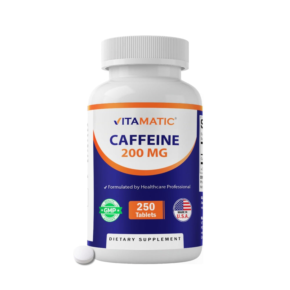 Vitamatic Caffeine Pills bottle front showing 250 servings for daily energy.