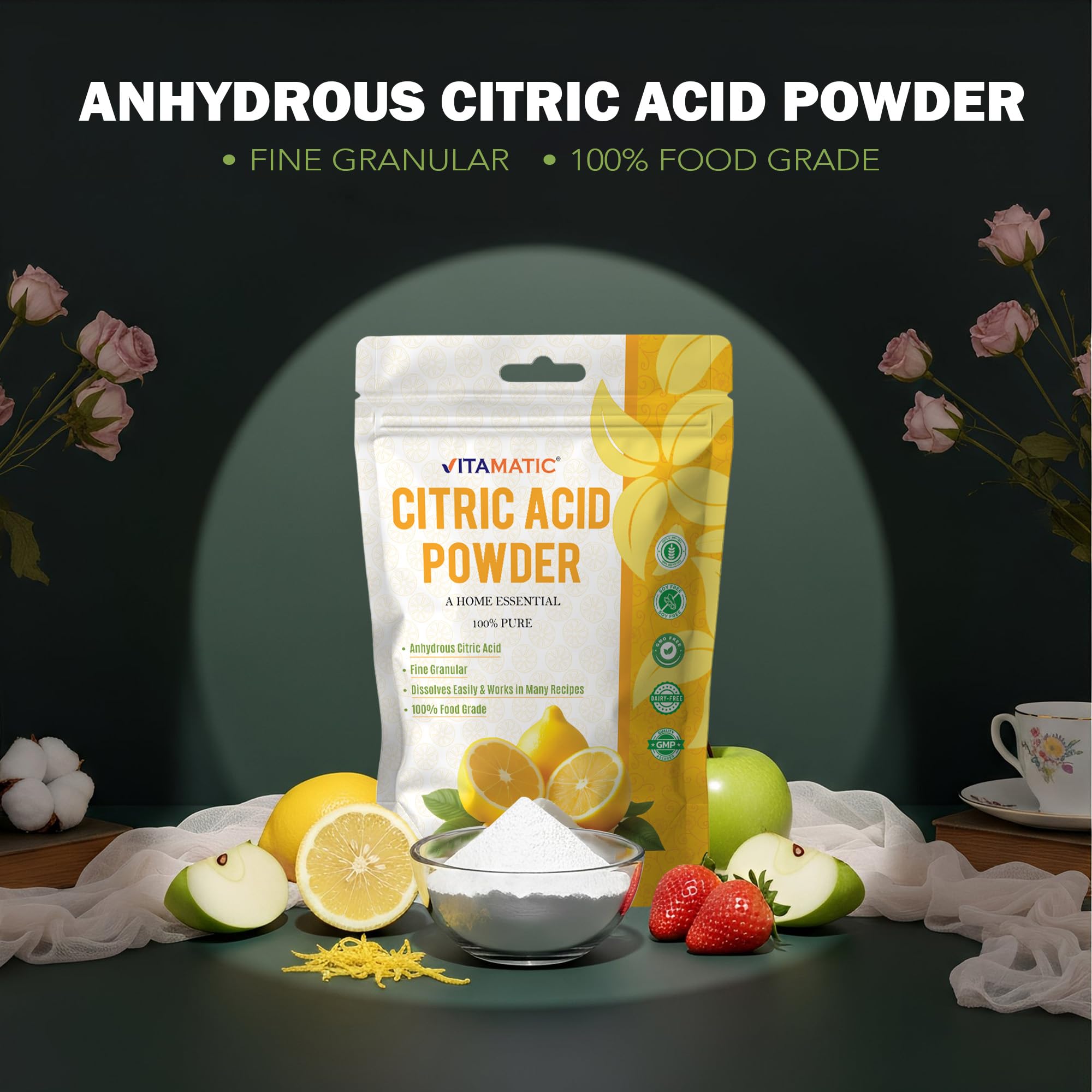 Vitamatic Citric Acid Powder ideal for baking and cooking tasks.