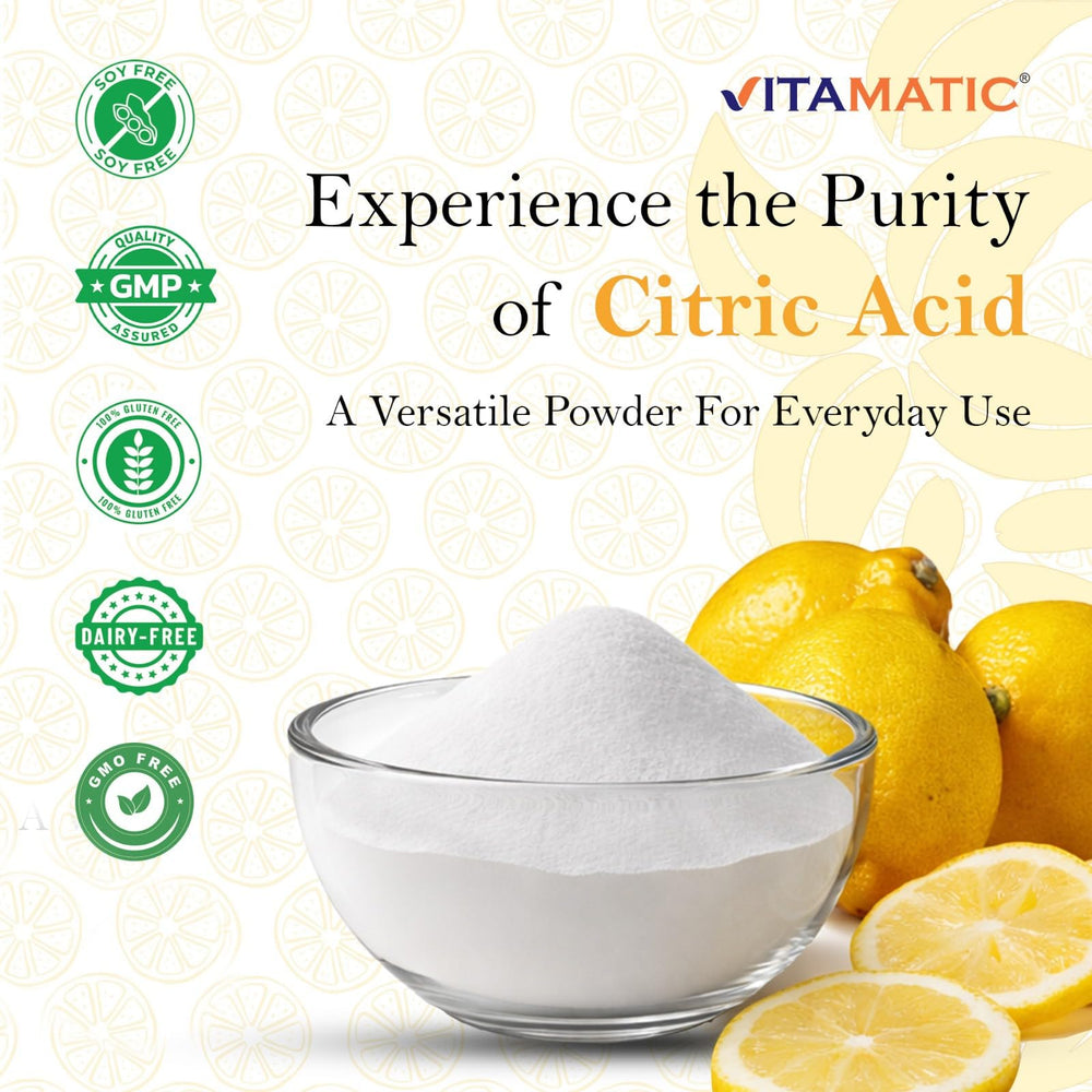 Vitamatic Citric Acid Powder with measuring scoop for precision.