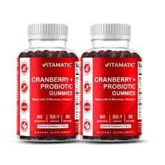 Vitamatic Cranberry Gummies 2-pack bottle front, convenient daily serving for wellness.
