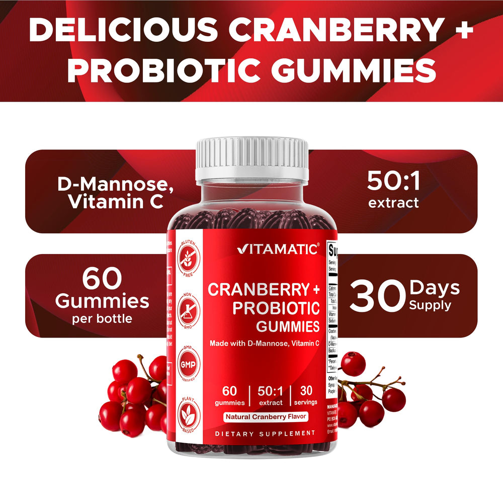 Vitamatic Cranberry Gummies closeup, bright gummies with natural cranberry flavor.