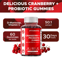 Vitamatic Cranberry Gummies closeup, bright gummies with natural cranberry flavor.