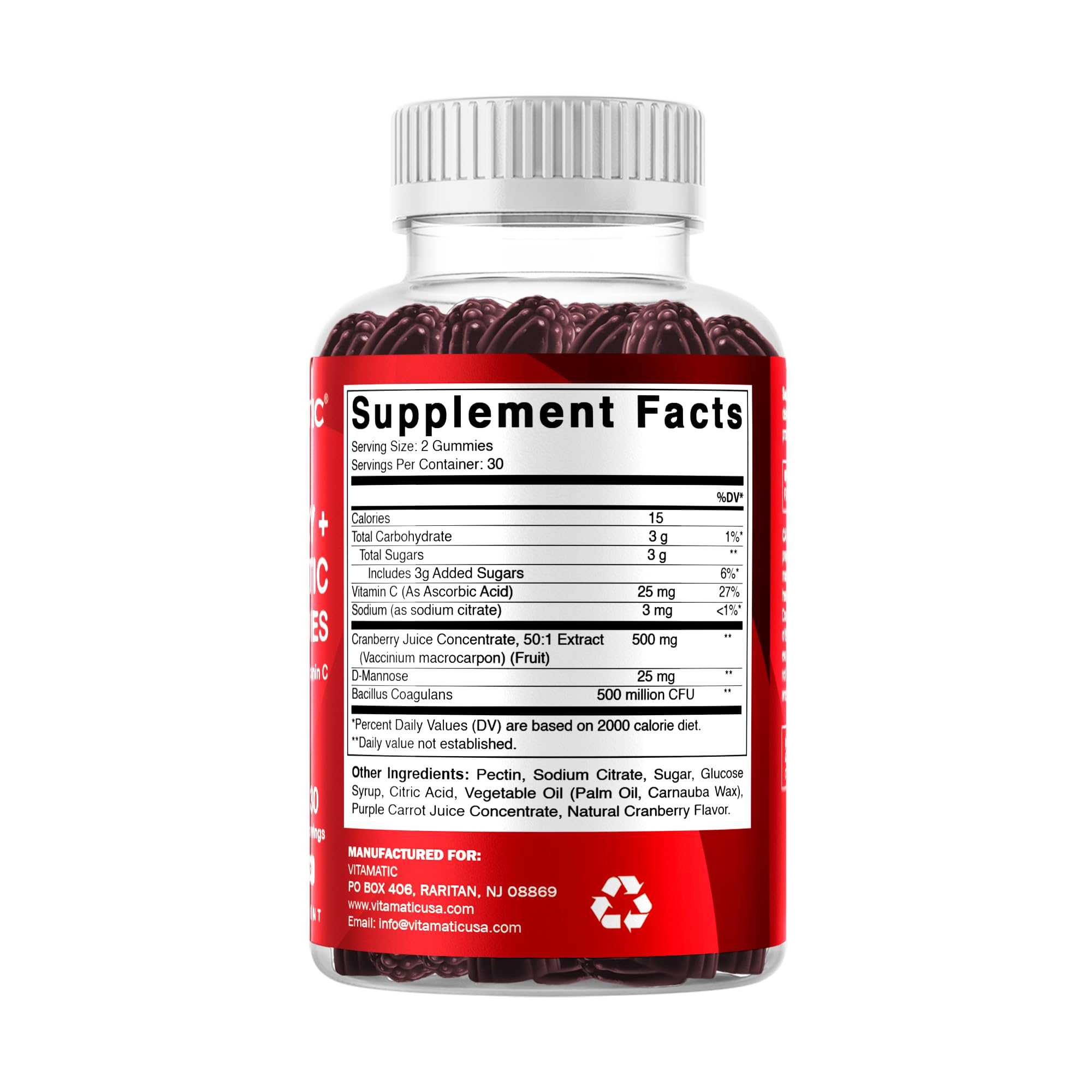 Vitamatic Cranberry Gummies free-from icons, no artificial colors or preservatives.