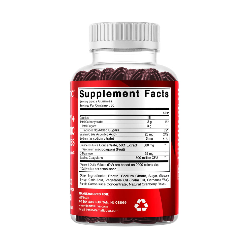 Vitamatic Cranberry Gummies free-from icons, no artificial colors or preservatives.