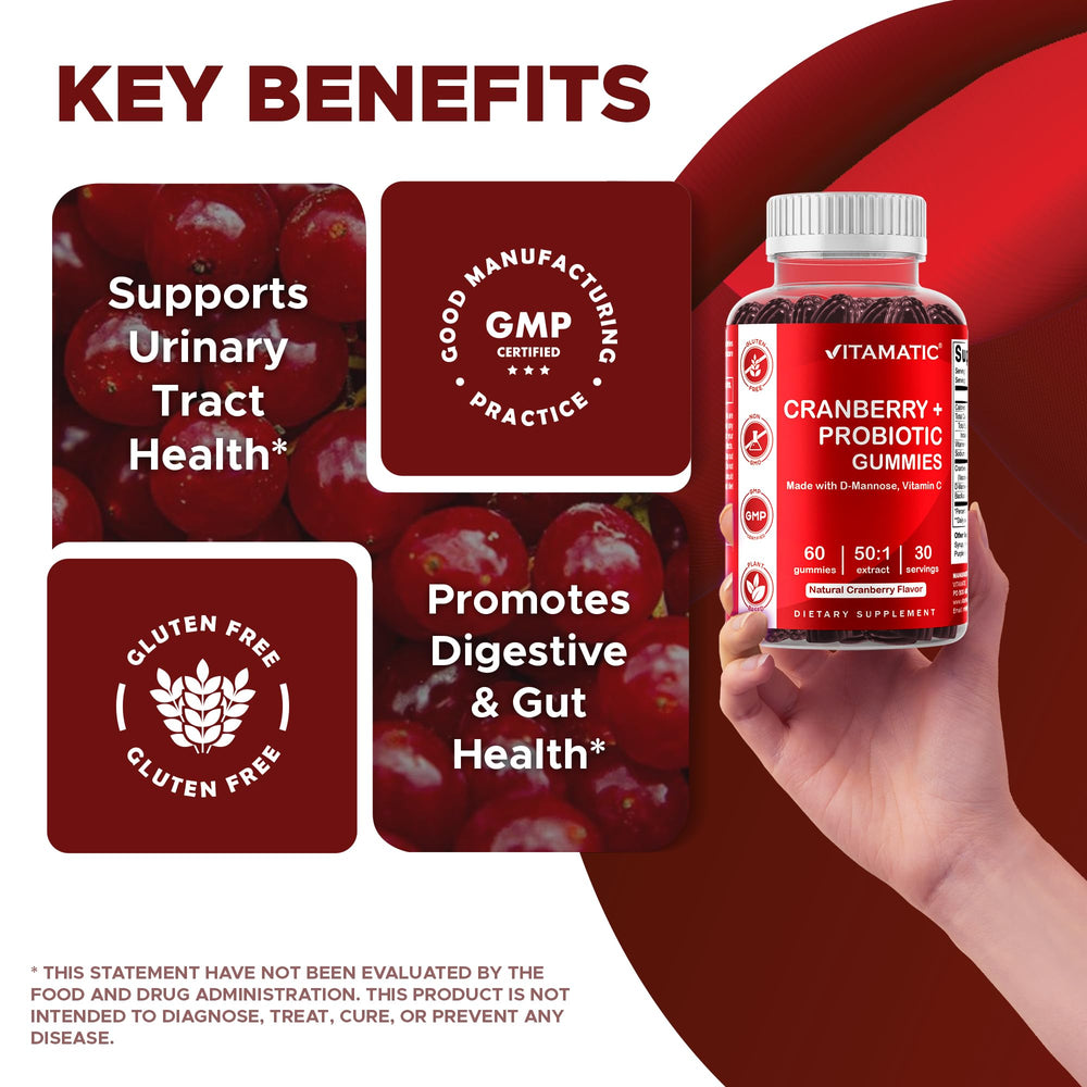 Vitamatic Cranberry Gummies label closeup, vegan and non-GMO indicators visible.