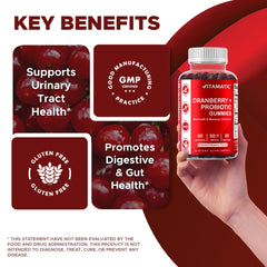 Vitamatic Cranberry Gummies label closeup, vegan and non-GMO indicators visible.