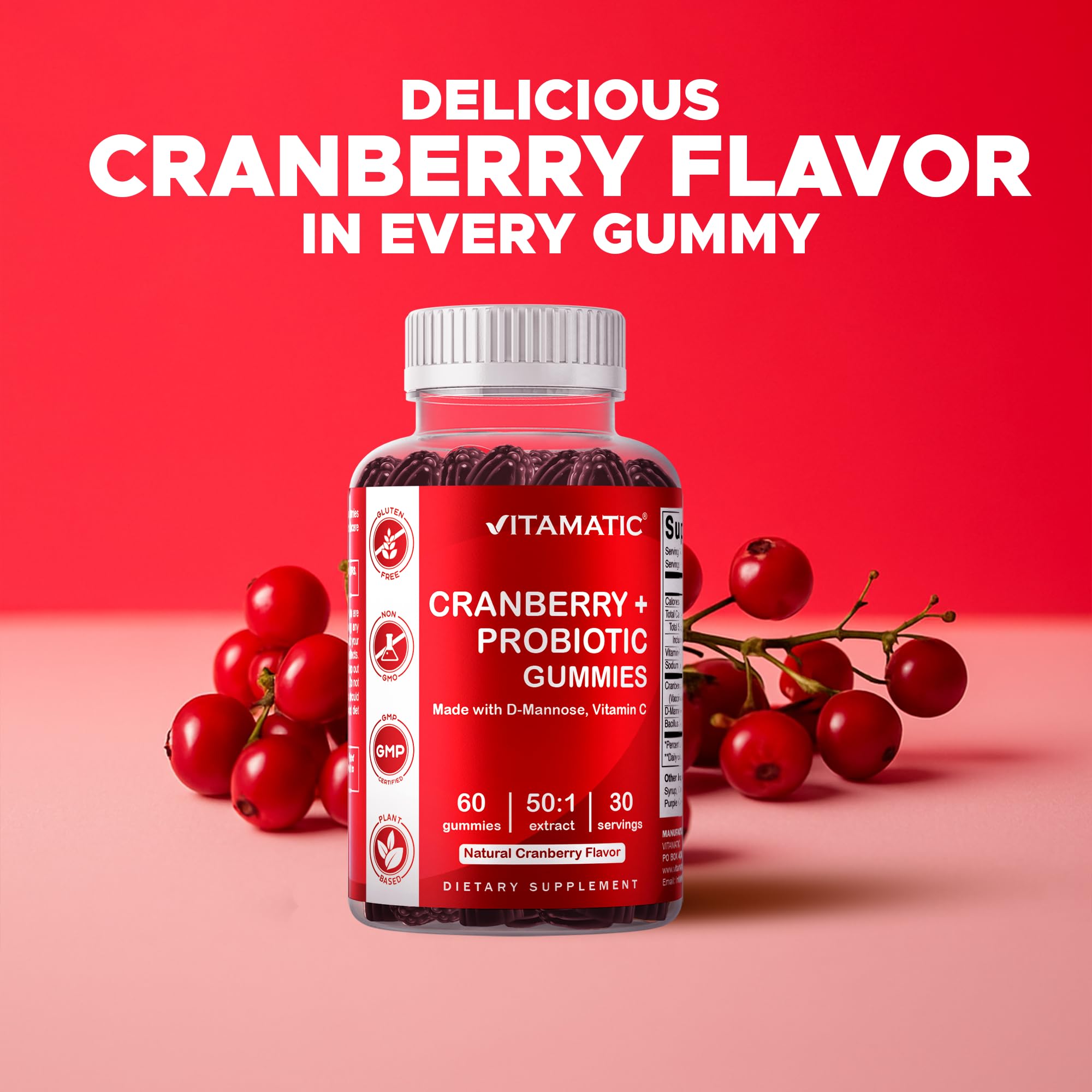 Vitamatic Cranberry Gummies serving size panel, 1000 mg daily serving noted.