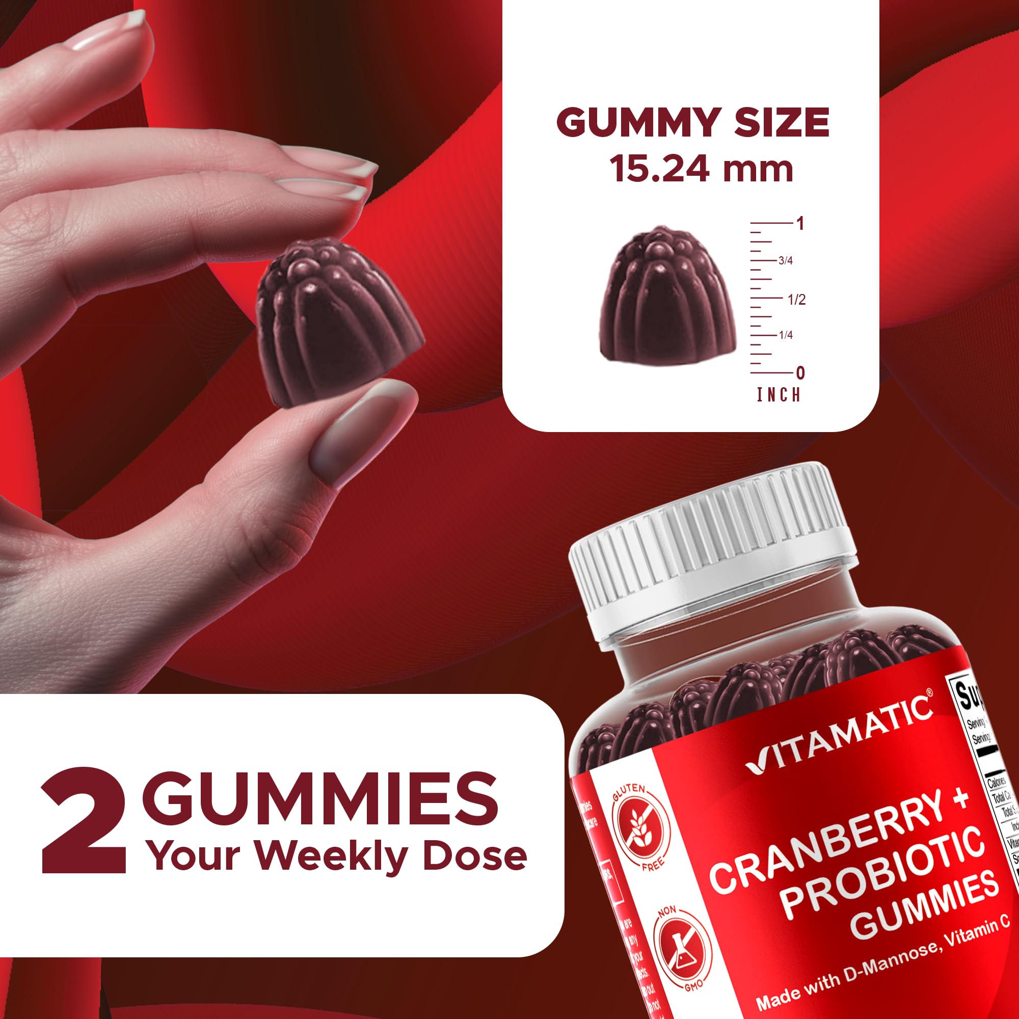 Vitamatic Cranberry Gummies vegan-friendly packaging, plant-based pectin formula.