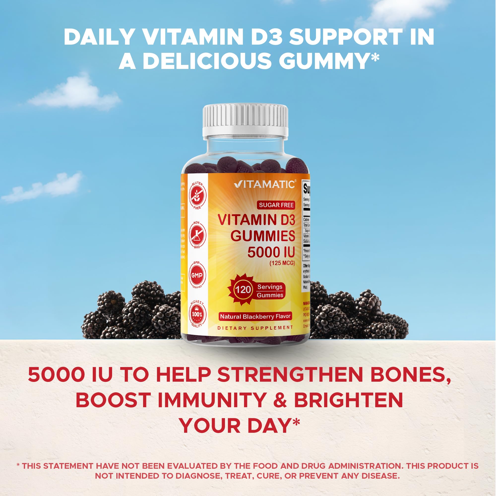 Vitamatic D3 ingredients panel shows non-GMO and gluten-free features.