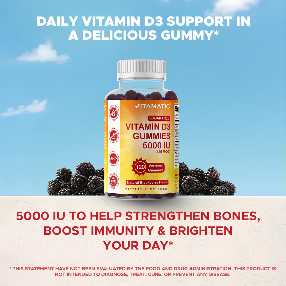 Vitamatic D3 ingredients panel shows non-GMO and gluten-free features.
