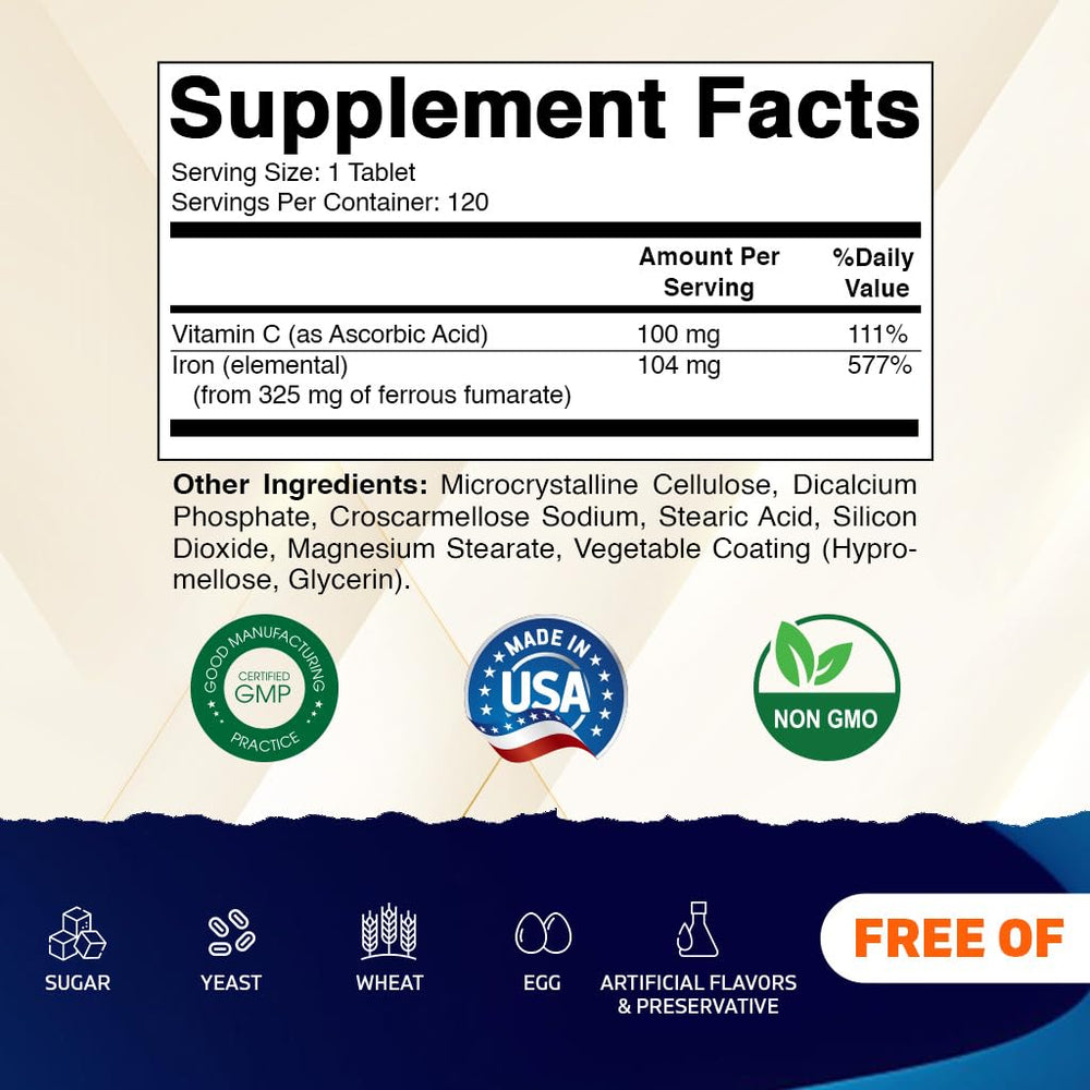 Closeup of Vitamatic Ferrous Fumarate 325 mg tablet showing smooth coating.