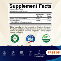 Closeup of Vitamatic Ferrous Fumarate 325 mg tablet showing smooth coating.