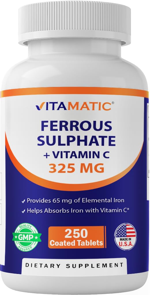 Vitamatic Ferrous Sulfate 65mg tablet bottle label highlights potency