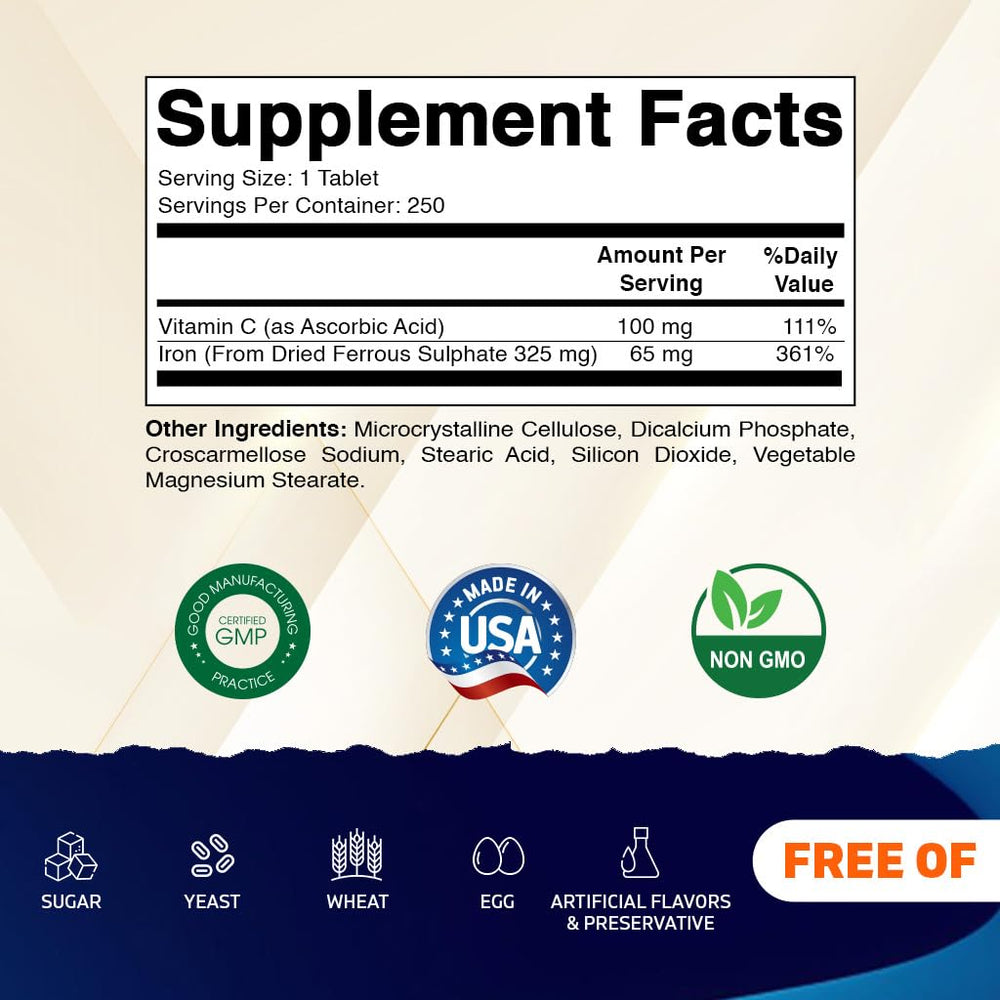 Close-up of Vitamatic Ferrous Sulfate 65mg tablet with smooth coating