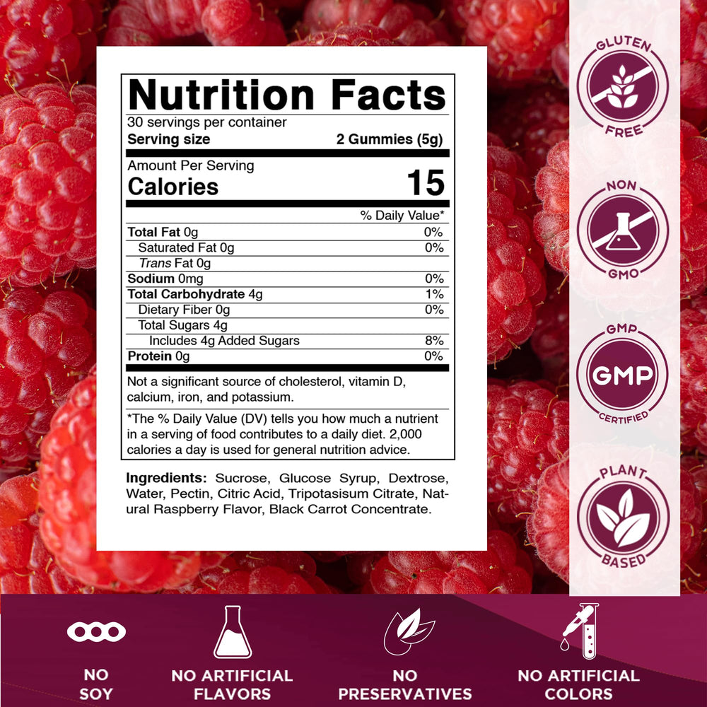 Closeup of Vitamatic glucose gummies, raspberry flavor and chewy texture