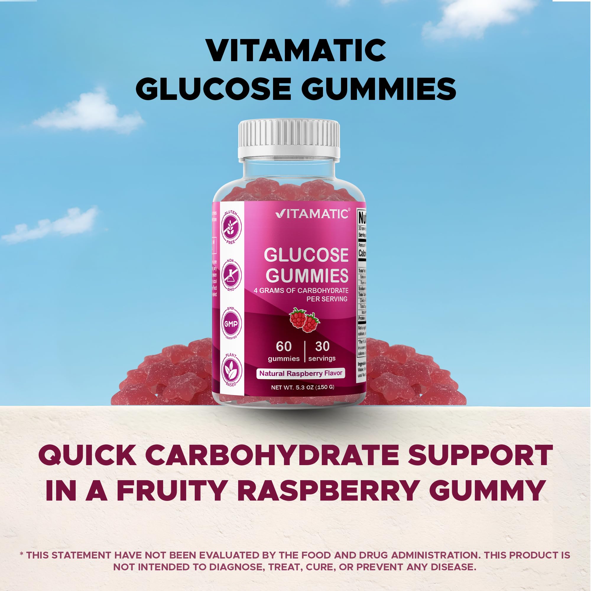 Label view of Vitamatic glucose gummies showing caffeine-free formula