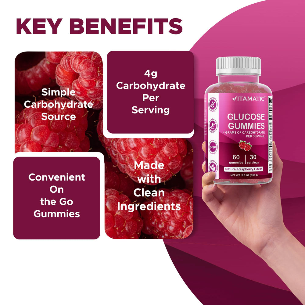 Packaging image of Vitamatic glucose gummies with raspberry flavor