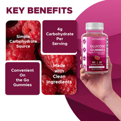 Packaging image of Vitamatic glucose gummies with raspberry flavor