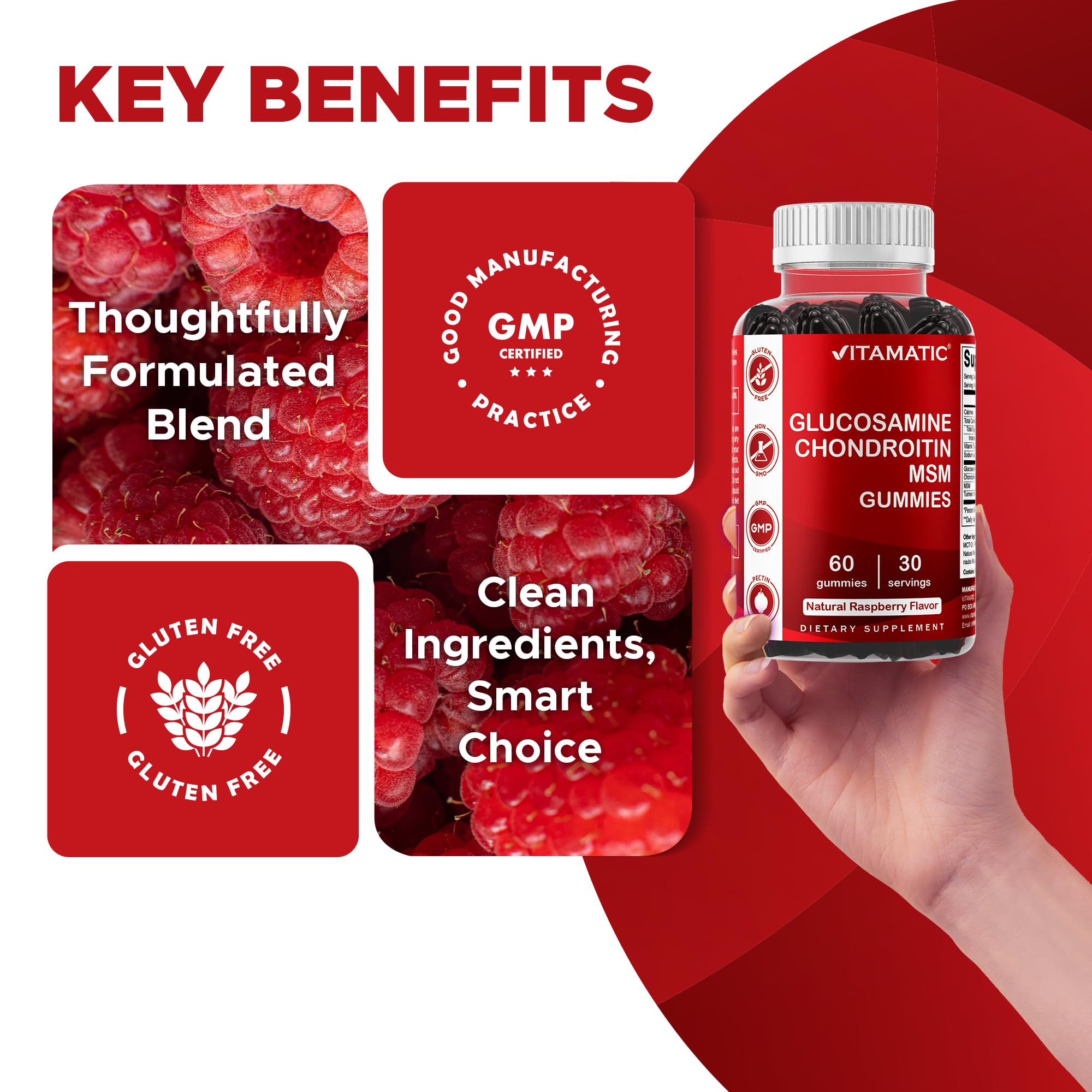Vitamatic ingredient panel—glucosamine, chondroitin, MSM, and vitamin E.