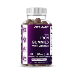 Vitamatic Iron 65 mg Gummies bottle front showing vegan grape flavor.
