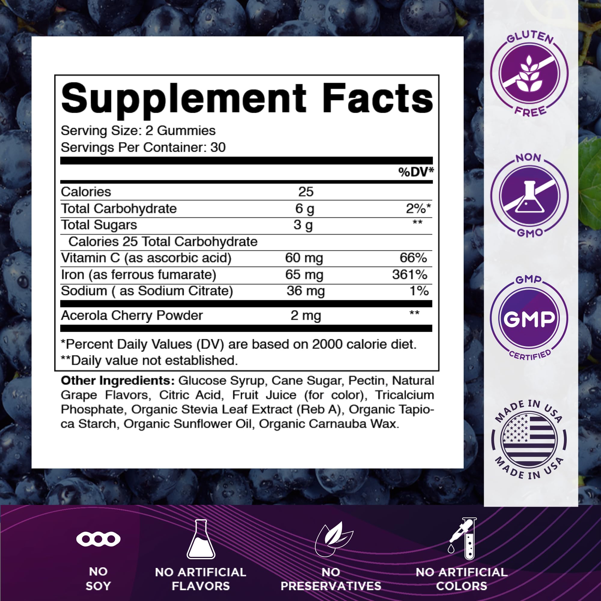 Vitamatic Iron 65 mg Gummies bottle side highlighting ingredients and serving size.