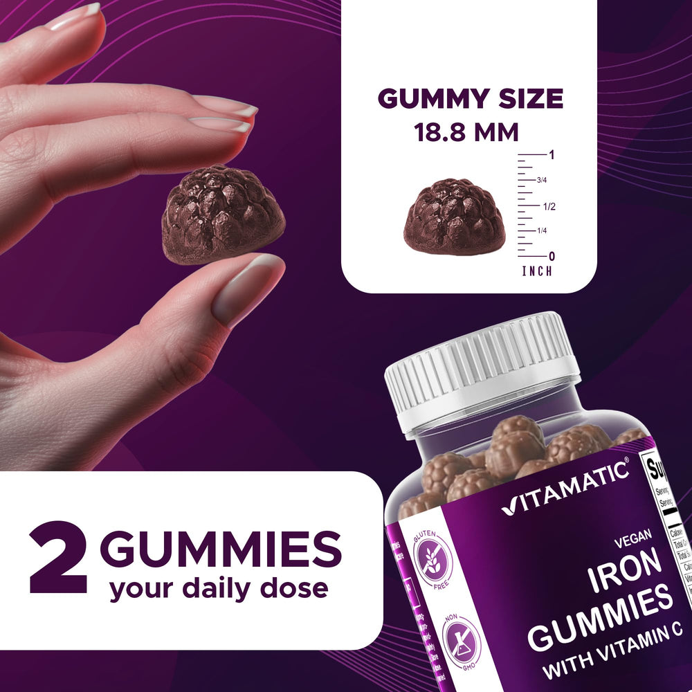 Vitamatic Iron 65 mg Gummies closeup of grape-flavored gummies.